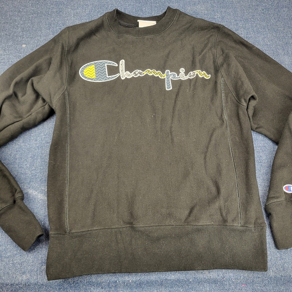Champion Reverse Weave Black Crewneck Sweatshirt Textured Embroidered Logo XS